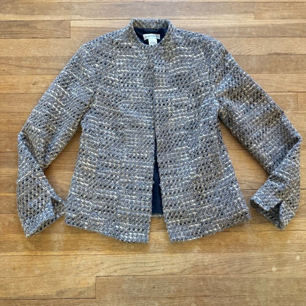 Barry Bricken wool blend black gold tweed open front jacket size 6
 b34